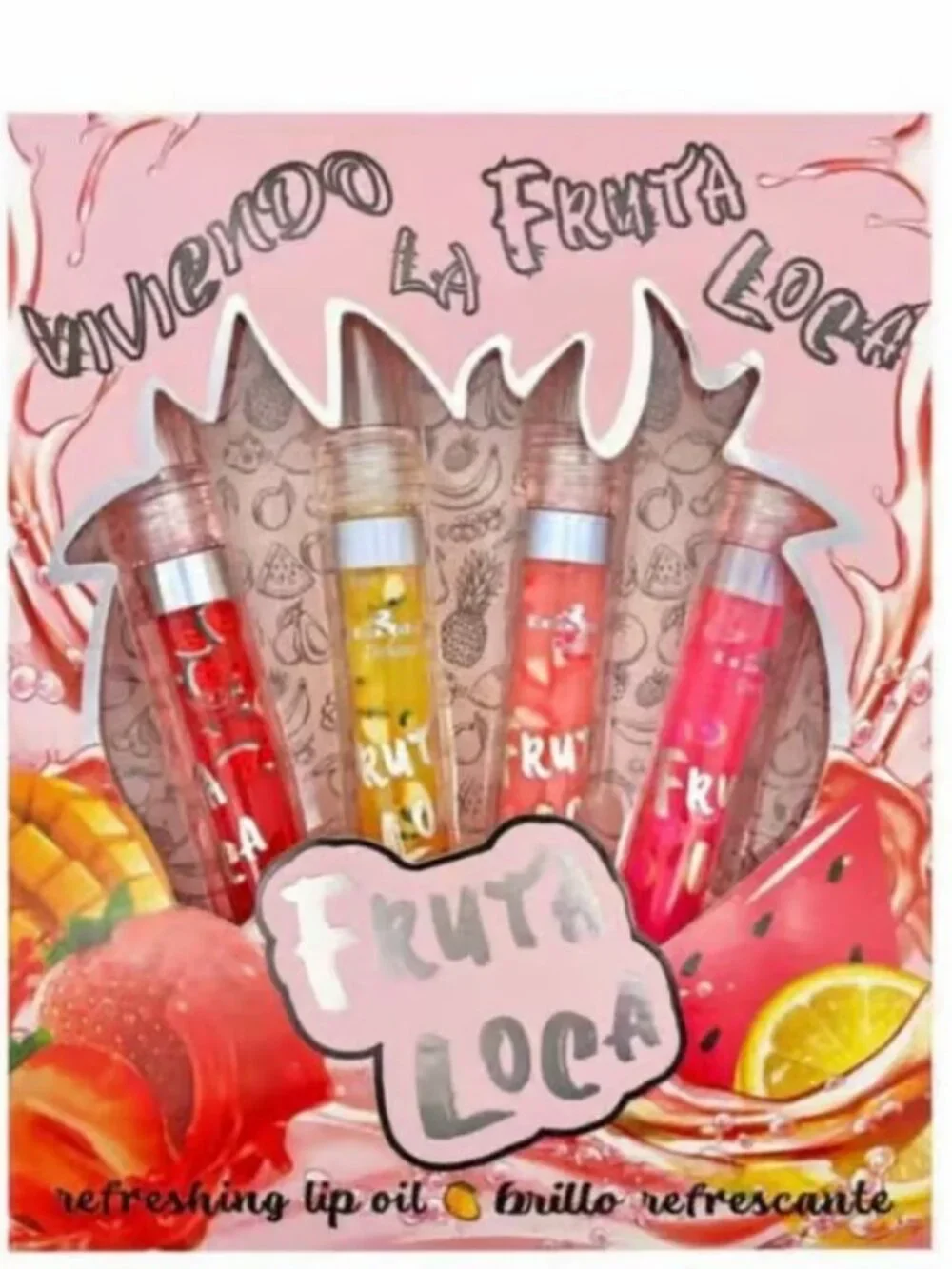 Italia Deluxe Fruta Loca Lip Oils-4 PK-Watermelon, Mango, Lemon, Strawberry-NEW